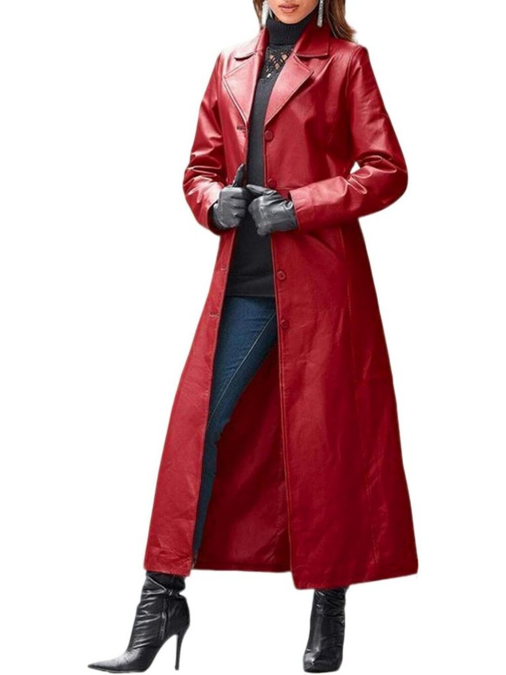 Chic Women's Faux Leather Trench Coat, Classic Lapel Maxi Jacket, Stylish